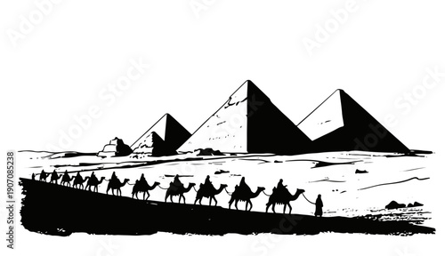 Camels trek across desert landscape with ancient pyramids