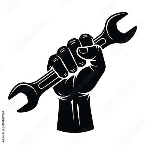 A clenched fist powerfully gripping a large black wrench