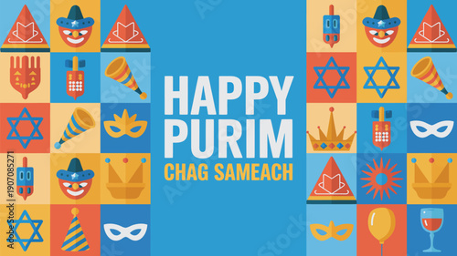 Happy Purim Chag Sameach festive banner with colorful jewish holiday symbols, masks, gifts and traditional celebration pattern