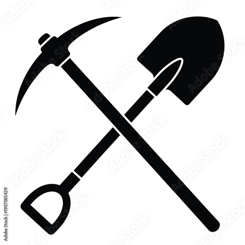 A black and white illustration depicting a pickaxe and shovel crossed