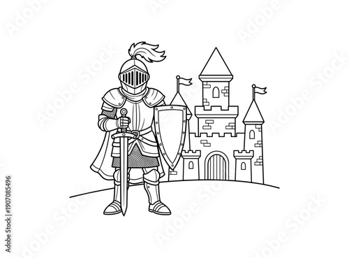 Medieval knight guarding castle in detailed black and white outline art