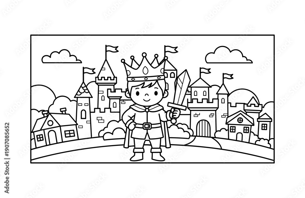 Fototapeta premium Young prince with crown and sword in front of castles and town in coloring page