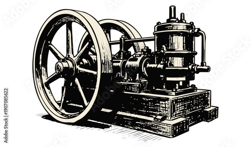 Vintage steam engine with large wheel in action