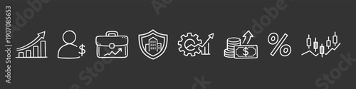 Collection of hand-drawn business and financial icons on a dark grey background, featuring growth charts, money, real estate, and market analysis.finance, business, icon, investment, growth, chart, mo
