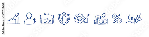 Set of hand-drawn business and finance icons featuring growth charts, money symbols, and investment tools in blue and black line art style.