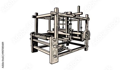 Vintage wooden loom for textile production in action