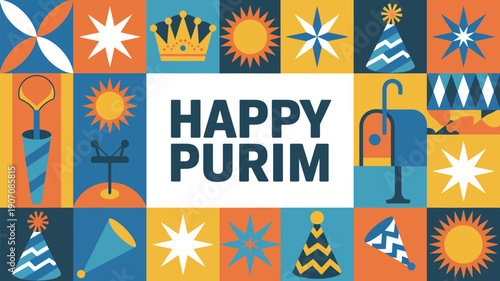 Happy Purim holiday celebration greeting card design with colorful traditional symbols, jewish festival elements and decorative pattern
