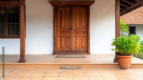 Traditional wooden door on a South Indian house porch with tiled floor