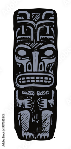 Vibrant totem pole face with intricate tribal design