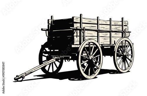 Vintage wooden cart with large wheels on white background