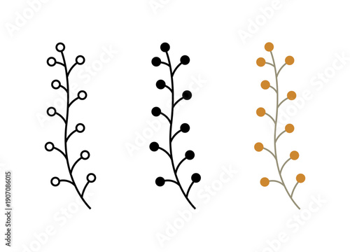 Long botanical branch icons featuring multiple round berries in varied styles, including black outline, solid black, and autumn orange