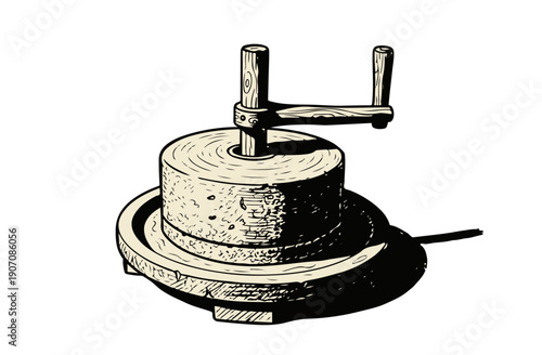 Vintage manual cheese press with wooden handle and base