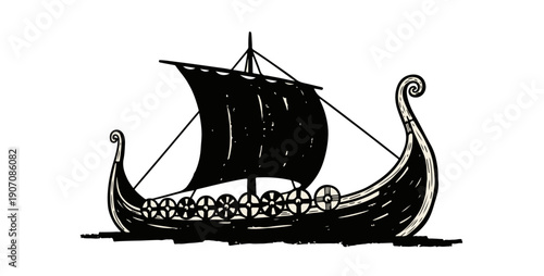 Viking ship sailing through stormy seas with raised sails