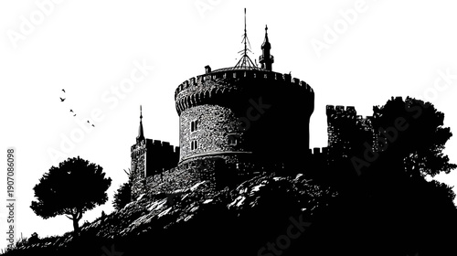 A stark, black and white illustration of a medieval castle on a hill with a few trees and birds