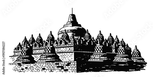 Ancient temple complex with multiple stupas and stone walls in black and white