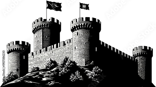 Black and white illustration of a castle with four towers, flags, and vegetation at its base