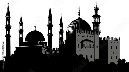 Silhouetted illustration of an oriental structure, showcasing minarets, domes, and ornate architectural detailing