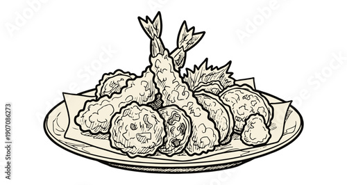 Delicious fried food on a plate with shrimp and vegetables