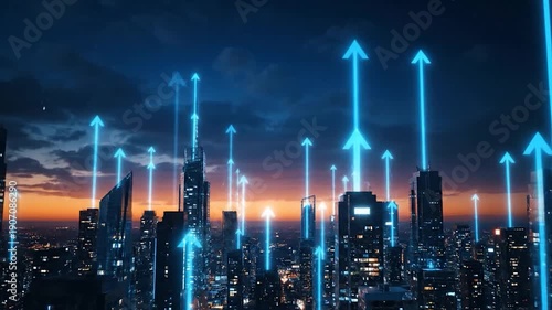 Futuristic city skyline with glowing upward arrows, at twilight