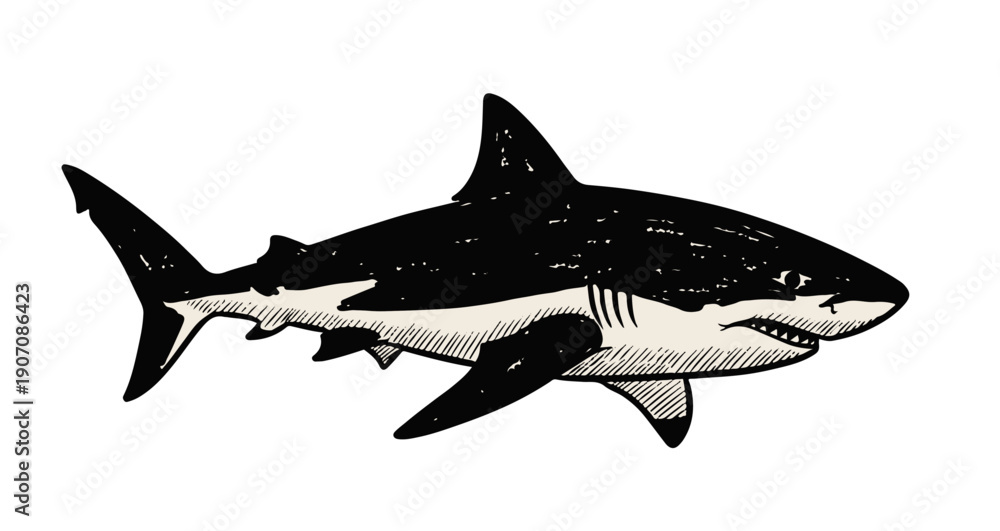 Obraz premium Black and white illustration of great white shark swimming