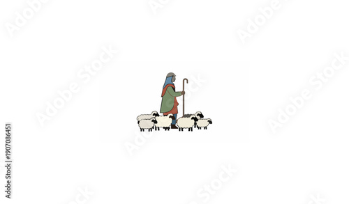 Shepherd with sheep rural farming scene flat vector illustration