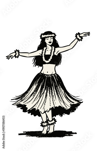 Beautiful hula dancer in traditional Hawaiian outfit performing