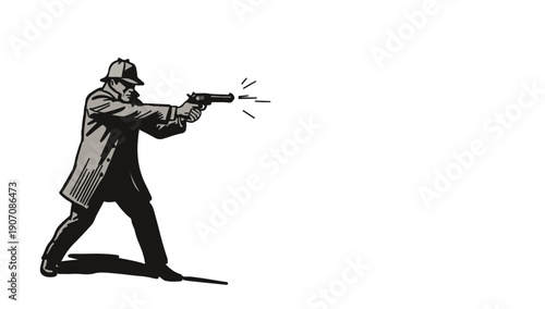 Vintage detective aiming gun in classic trench coat and hat
