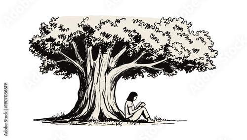 Woman relaxing under tree reading book in peaceful outdoor setting