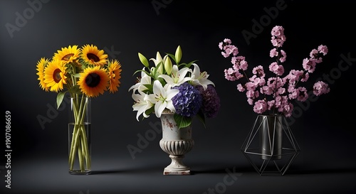 Wallpaper Mural Vibrant bouquets of sunflowers lilies and pink blossoms against dark background Torontodigital.ca