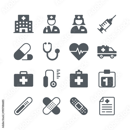 Medical, Healthcare and First Aid Icon Set - Hospital, Doctors, and Pharmacy