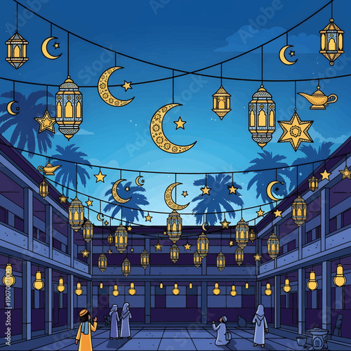Moonlit courtyard adorned with lanterns, crescent moons, and stars, featuring people gathering under the night sky with a festive ambiance in an upscale architectural setting