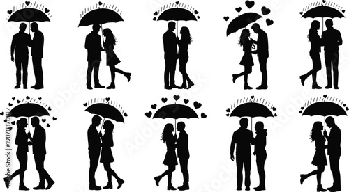Black silhouettes of couples under umbrellas with hearts 1
