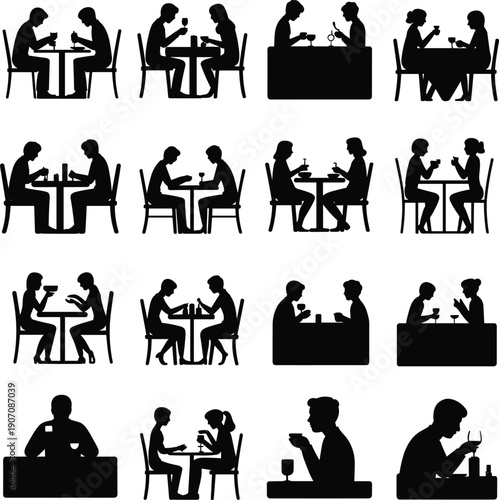 Collection of black silhouettes featuring people dining at restaurant tables including couples on dates and individuals eating for catering menus and hospitality branding