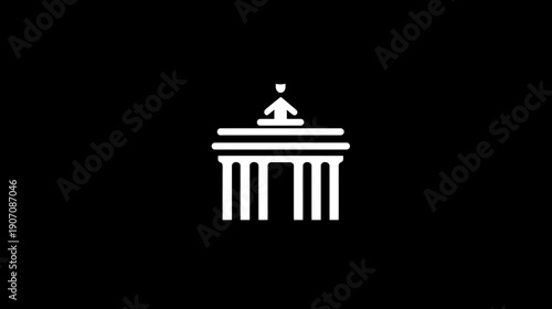 Stylized, minimalist illustration of a building facade with a central arch and upward arrow