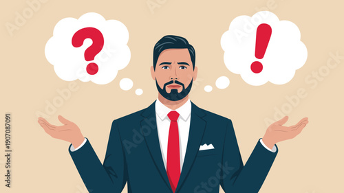 Confused businessman with question and exclamation marks expressing uncertainty, decision making problem and business confusion concept