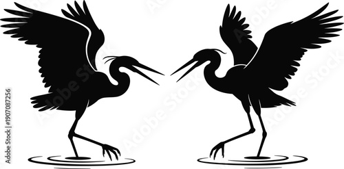 Crane bird silhouette pair standing in water with spread wings, elegant wildlife pose, nature symbolism and graceful animal illustration design