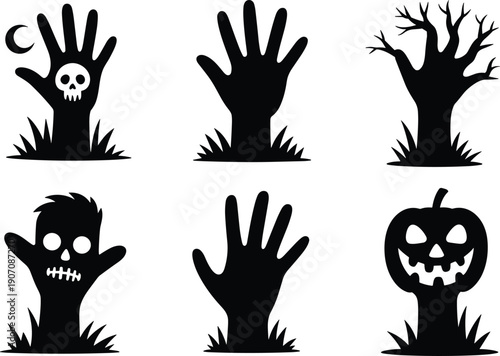 Halloween spooky silhouette set of zombie hands, skull, haunted tree, monster and pumpkin graveyard icons for horror design illustration collection