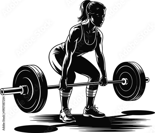 Black and white fitness illustration featuring athlete performing deadlift with barbell, emphasizing strength training, proper lifting form, and muscular definition for exercise and gym design
