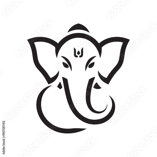 Black outline of Ganesha elephant god head with tilak symbol hindu deity