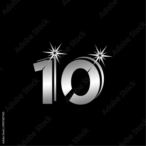 The tens digit is shiny silver with a sparkle on a black background.