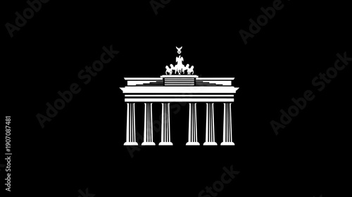 White silhouette of a classical structure with a quadriga on top, set against a dark background