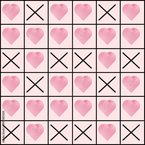 Repeating pattern with pink heart icons and black cross symbols arranged in a square grid on light pink background
