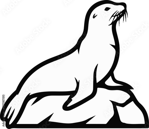 Stylized illustration of a seal perched on a rock formation