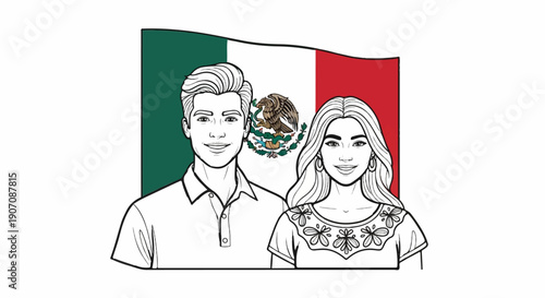 Stylized illustration of a smiling couple in front of the Mexican flag