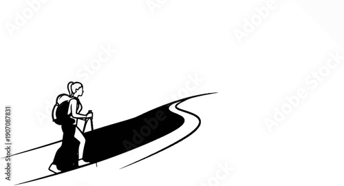Stylized illustration of a solo hiker with a backpack and poles on a winding path