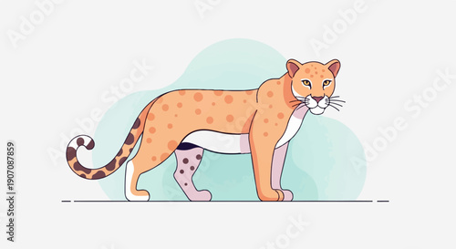 Stylized illustration of a spotted feline standing on a minimalist line