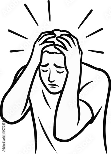 Stylized line art of a distressed person holding their head