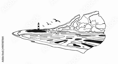 Stylized line art of a coastal scene with a lighthouse and cliffs