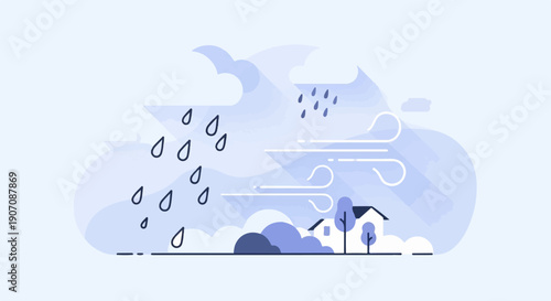 Stylized illustration of a storm with rain and wind affecting a house and trees