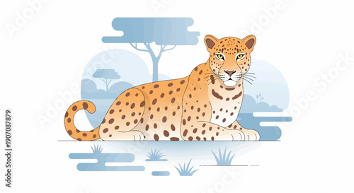 Stylized illustration of a spotted leopard resting in a serene landscape